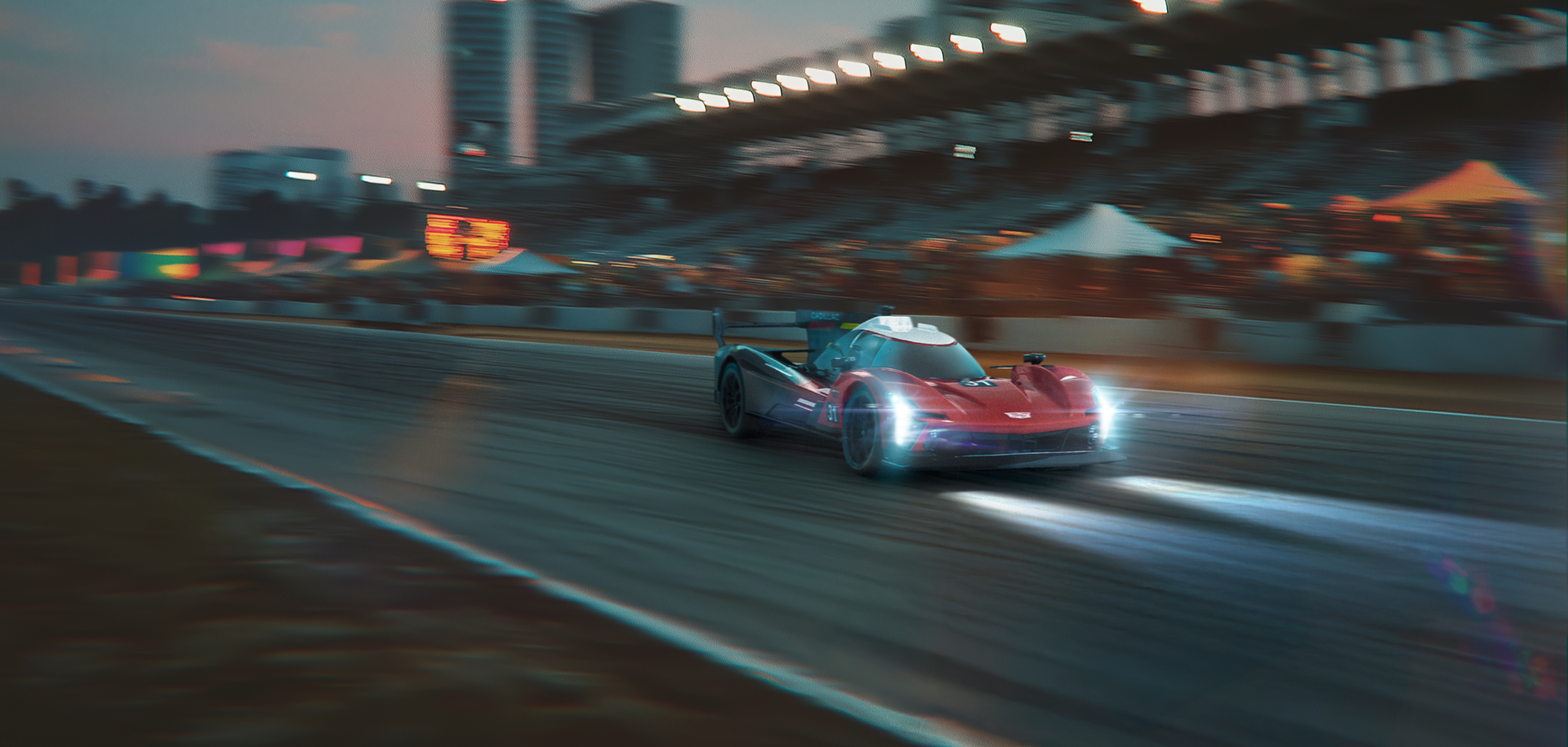 Race car on a track with city skyline in the background