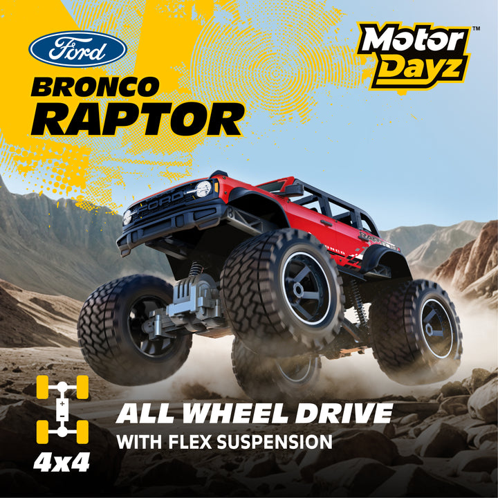 Red Ford Bronco Raptor toy truck on a mountainous landscape with 'Motor Dayz' branding.