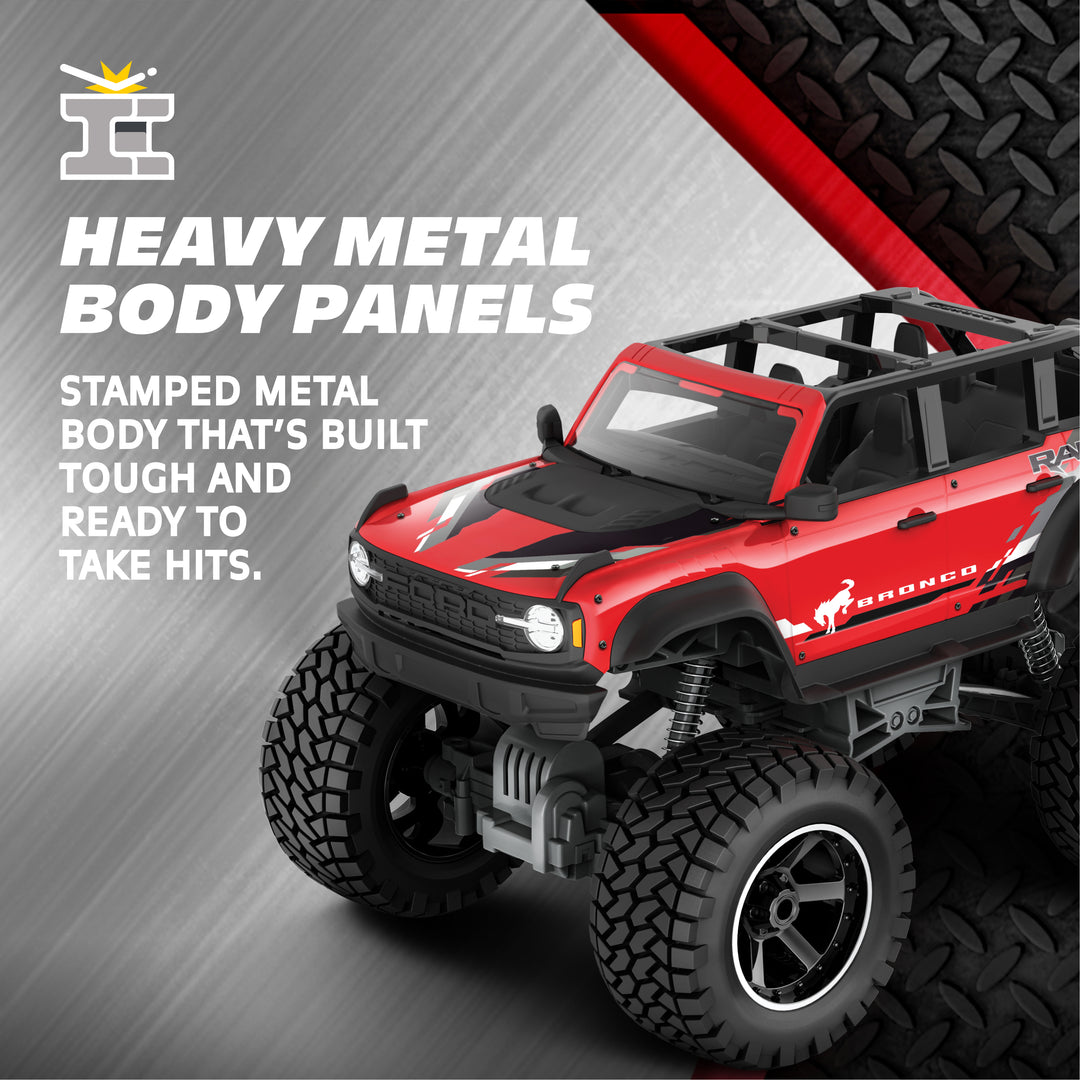 Red off-road vehicle with text about heavy metal body panels on a gray background