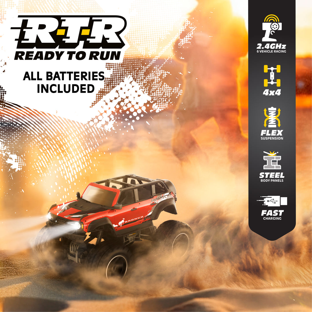 Toy truck in action with Baja Designs branding and features listed on the right.