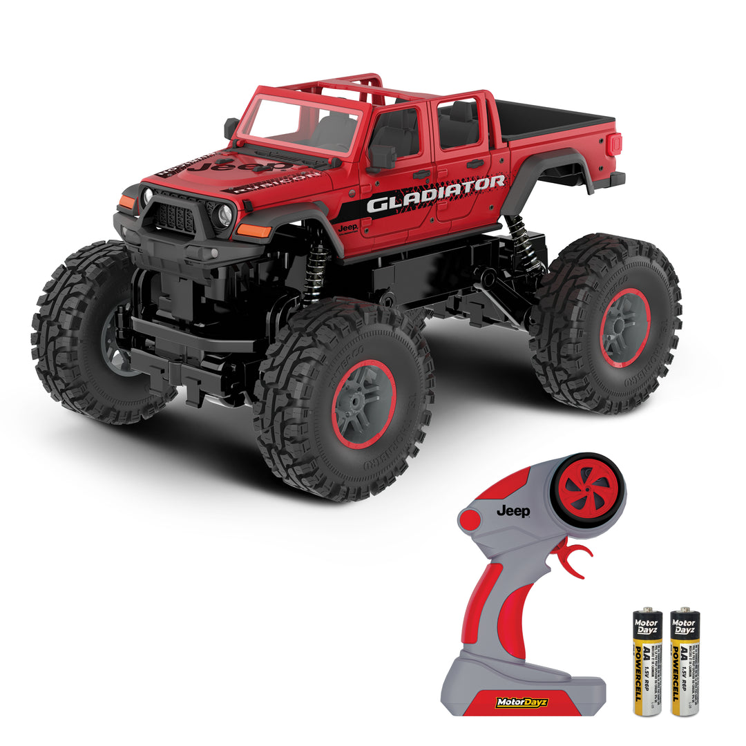 Red toy truck with 'Gladiator' branding, remote control, and battery on a white background