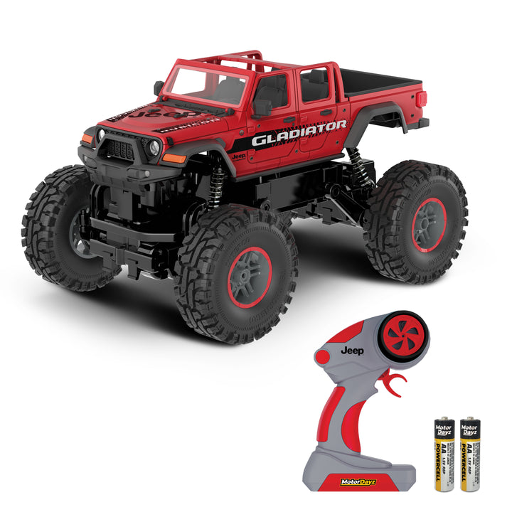 Red toy truck with 'Gladiator' branding, remote control, and battery on a white background
