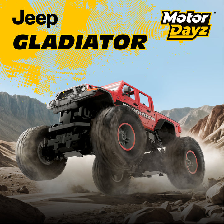 Red Jeep Gladiator toy truck in a desert setting with 'Motor Dayz' branding.