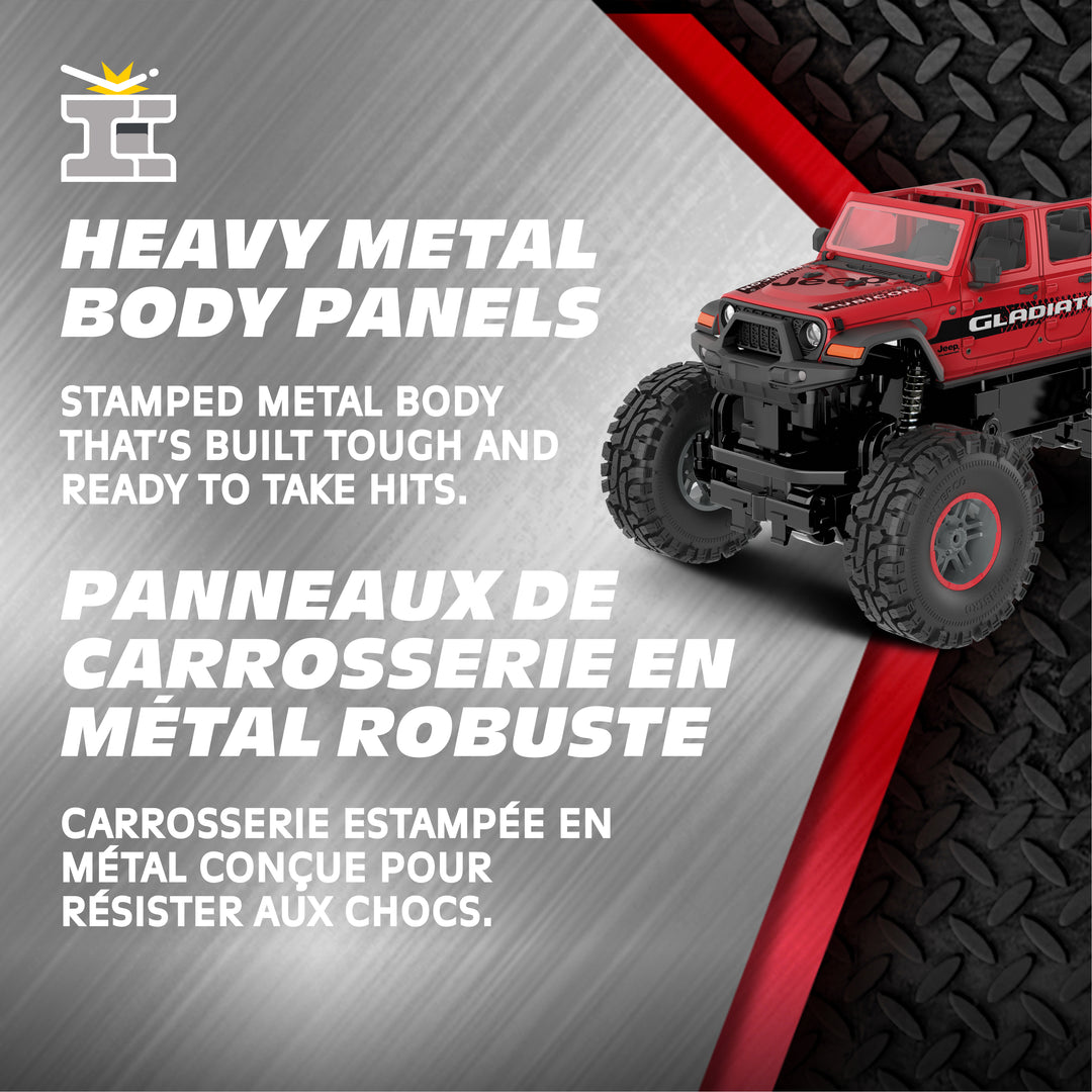 Red toy truck on a tire with text about heavy metal body panels.