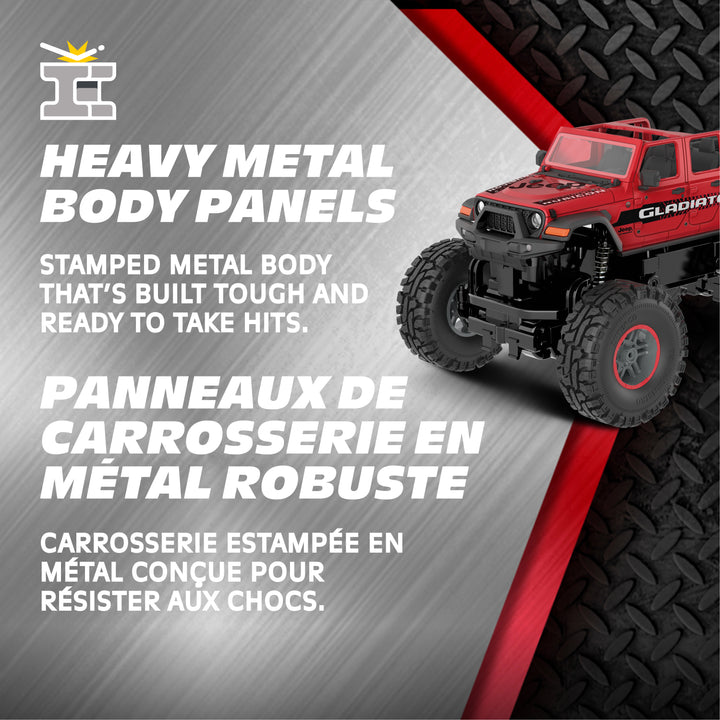Red toy truck on a tire with text about heavy metal body panels.