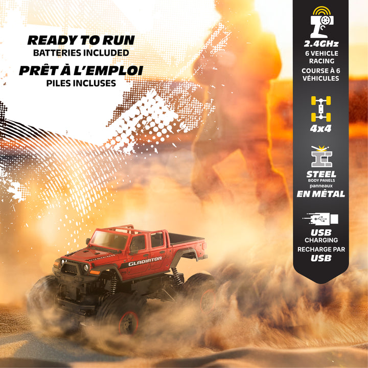 Red toy truck in action with flames and text about features on a white background