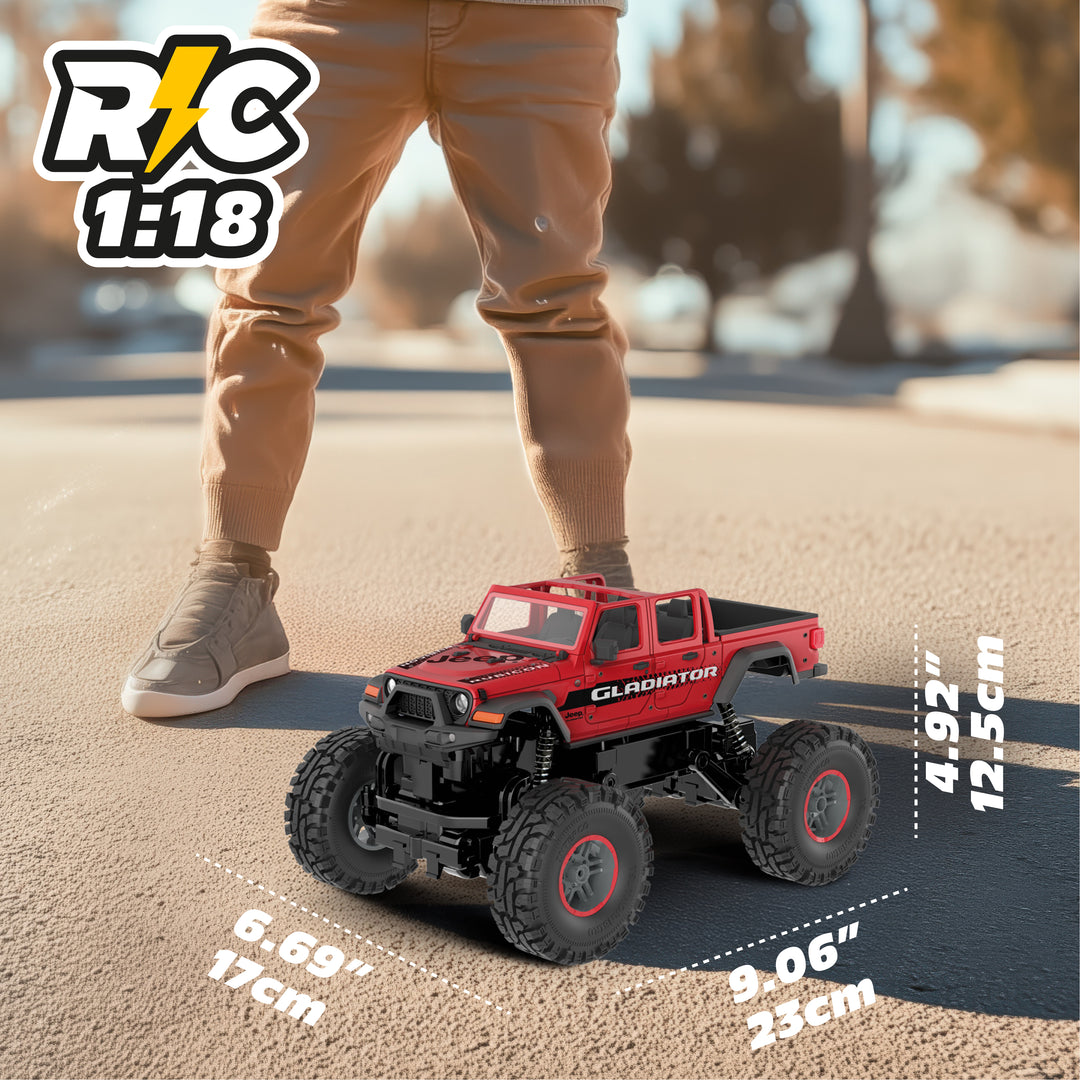 Red and black RC truck with measurements on a blurred outdoor background