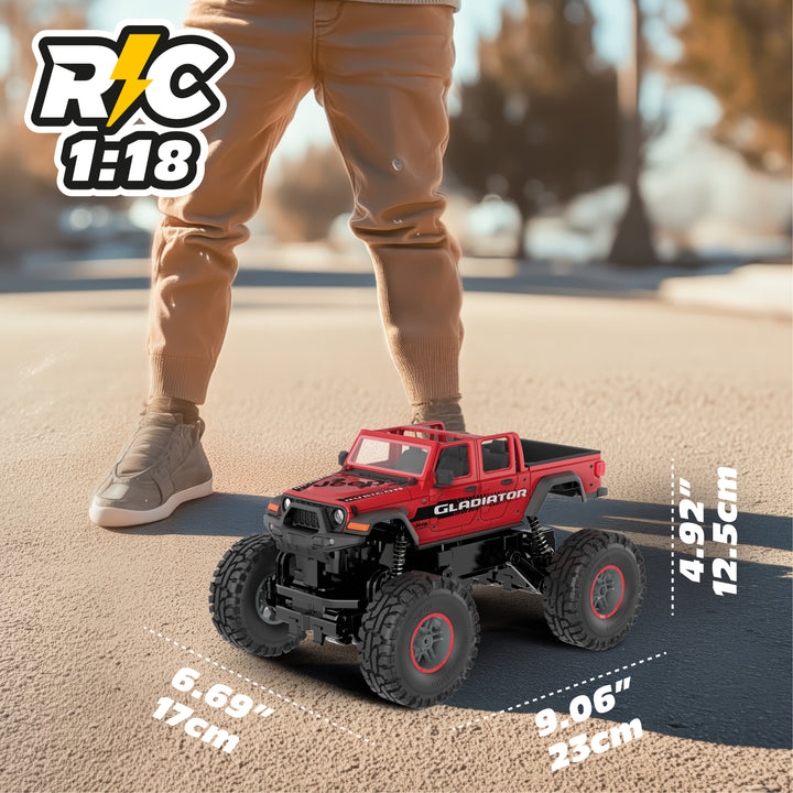 Red and black RC truck with measurements on a blurred outdoor background