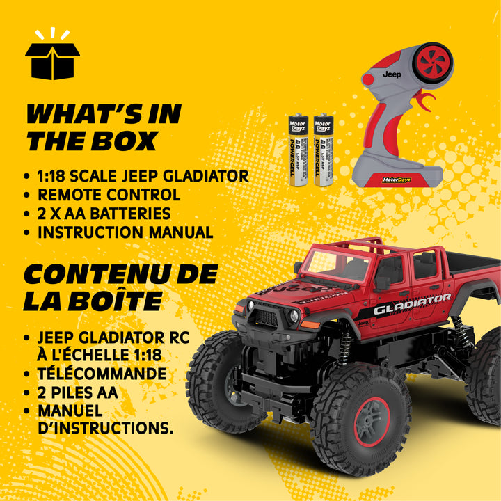 Red Jeep Gladiator RC toy with remote control, batteries, and instruction manual on a yellow background