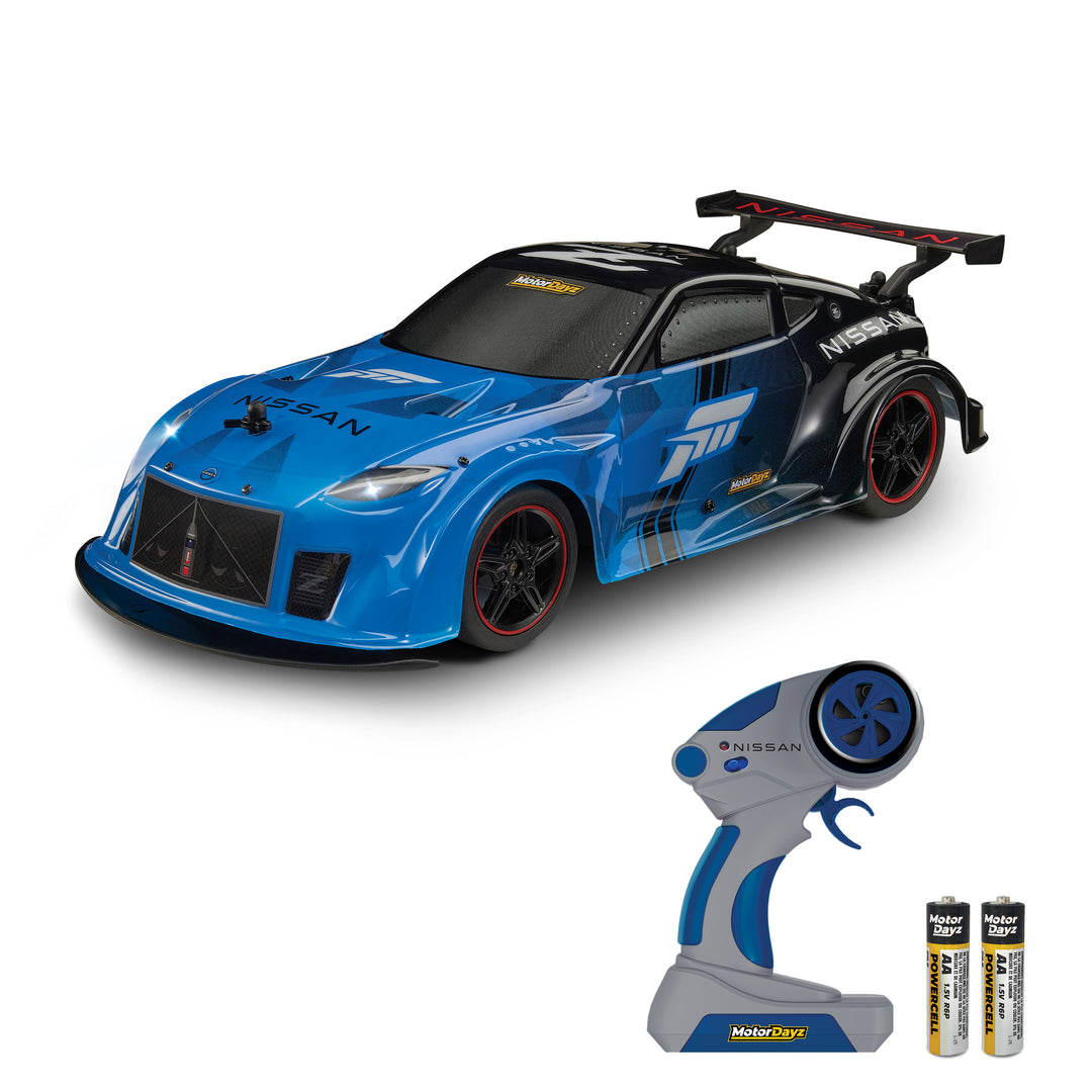 Blue toy car with remote control and batteries on a white background