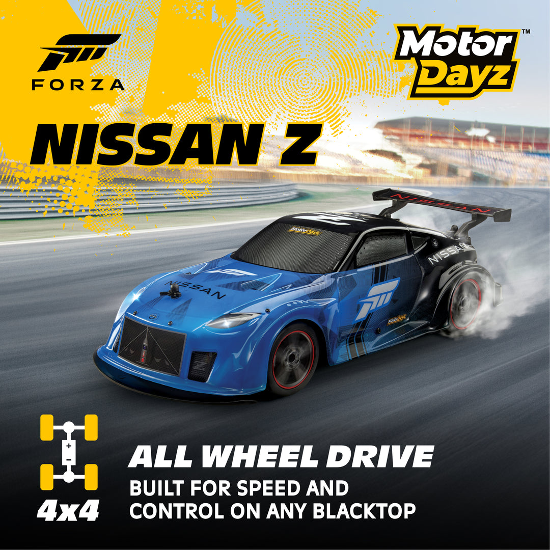 Blue Nissan Z model car on a racetrack with Forza and Motor Dayz branding.