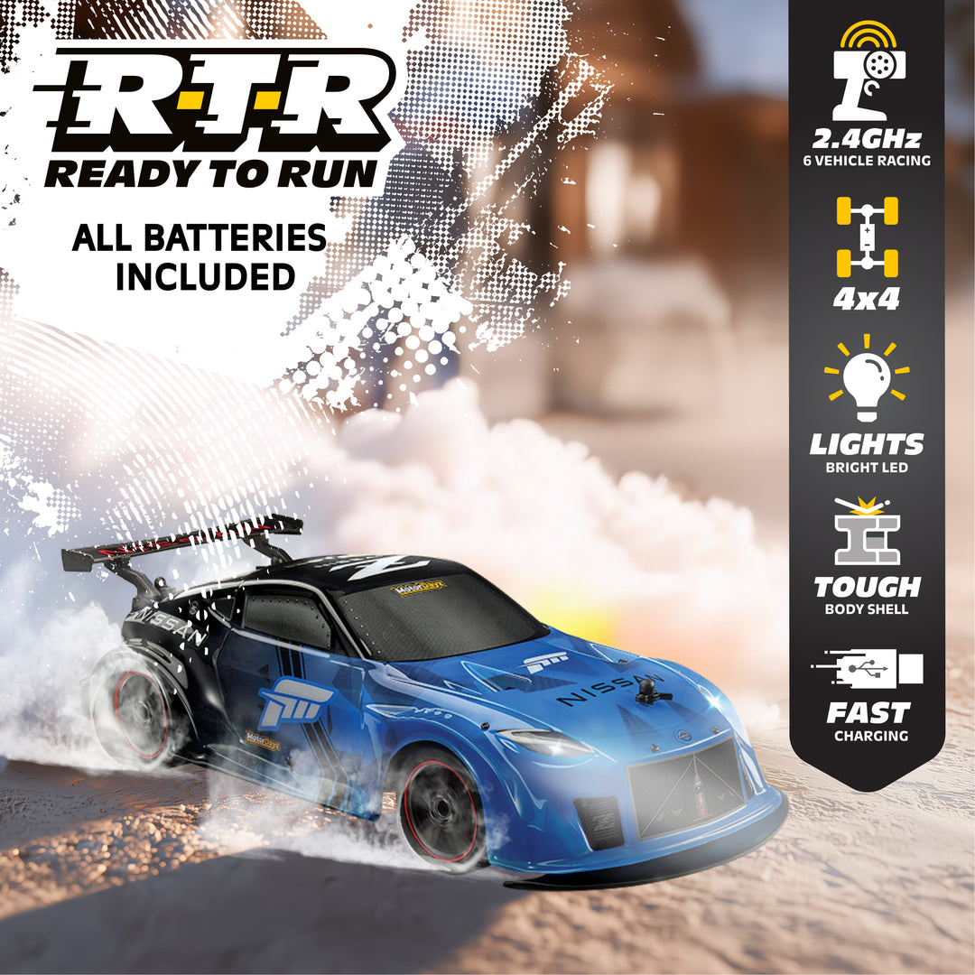 Blue RC car with features listed on a promotional graphic