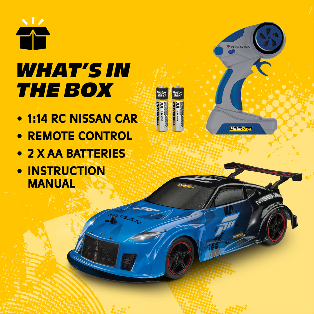1:14 RC Nissan car set with remote control, batteries, and instruction manual on a yellow background