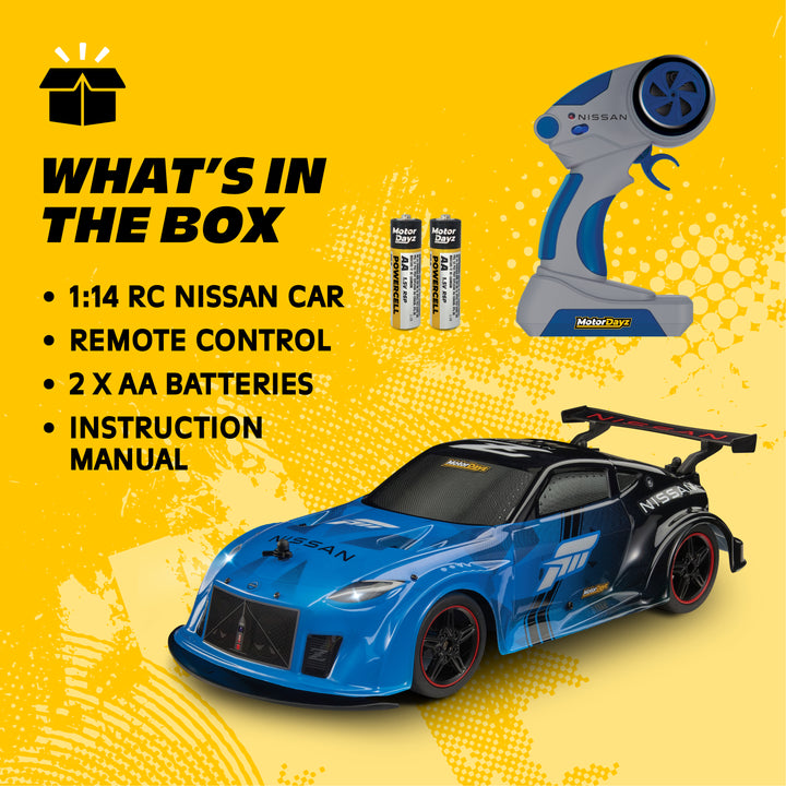 1:14 RC Nissan car set with remote control, batteries, and instruction manual on a yellow background