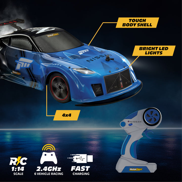 Blue remote control car with features highlighted on a dark background