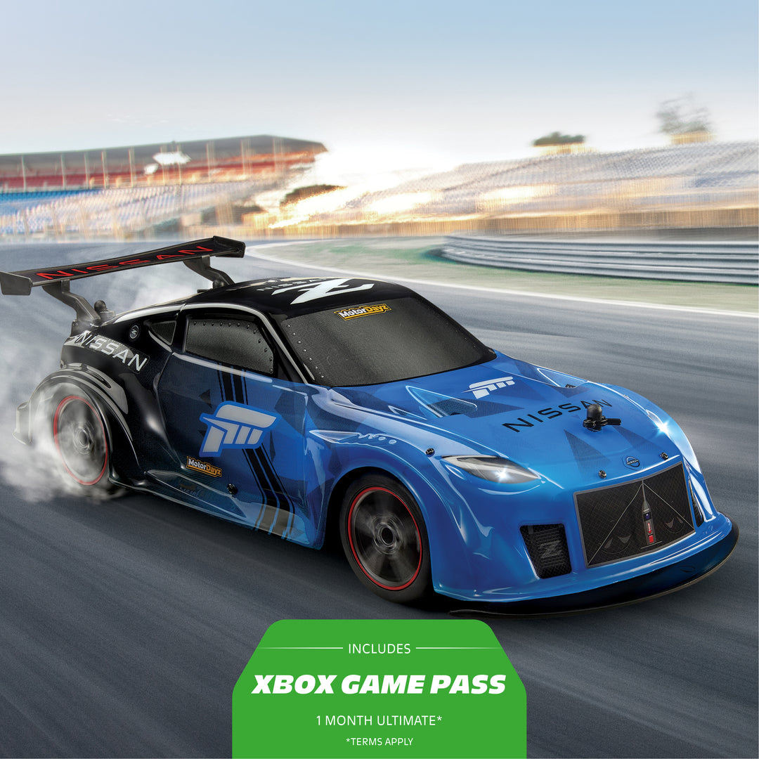 Blue race car on a track with Xbox Game Pass advertisement