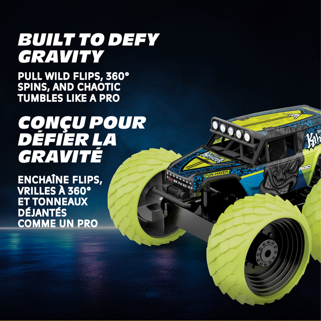 Toy monster truck with text about its capabilities on a dark background