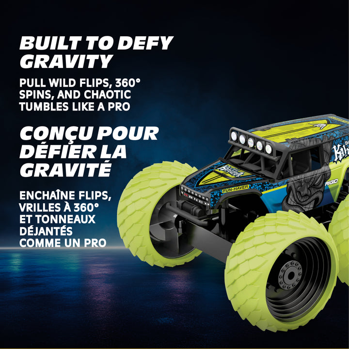 Toy monster truck with text about its capabilities on a dark background