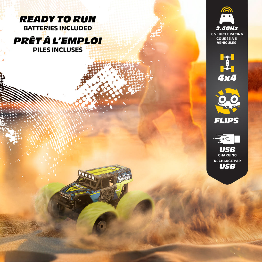 Toy truck in action with desert background and product features on the side.