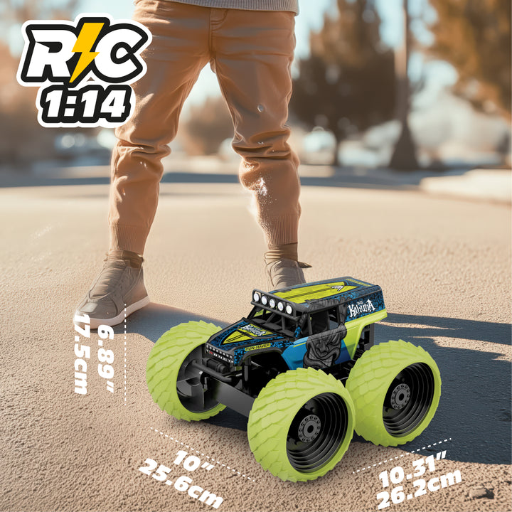 Toy monster truck with measurements on a road, featuring 'RC' branding.