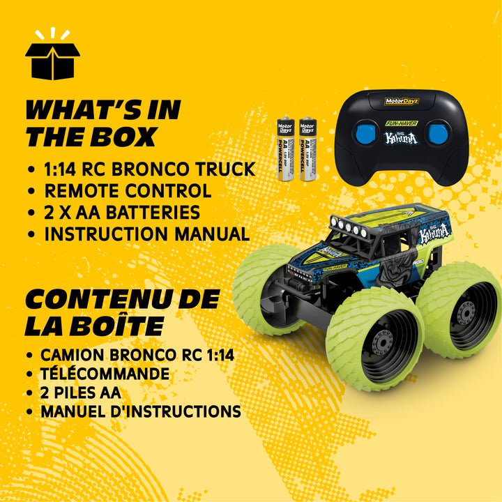 Toy RC Bronco truck with remote control, batteries, and instructions on a yellow background