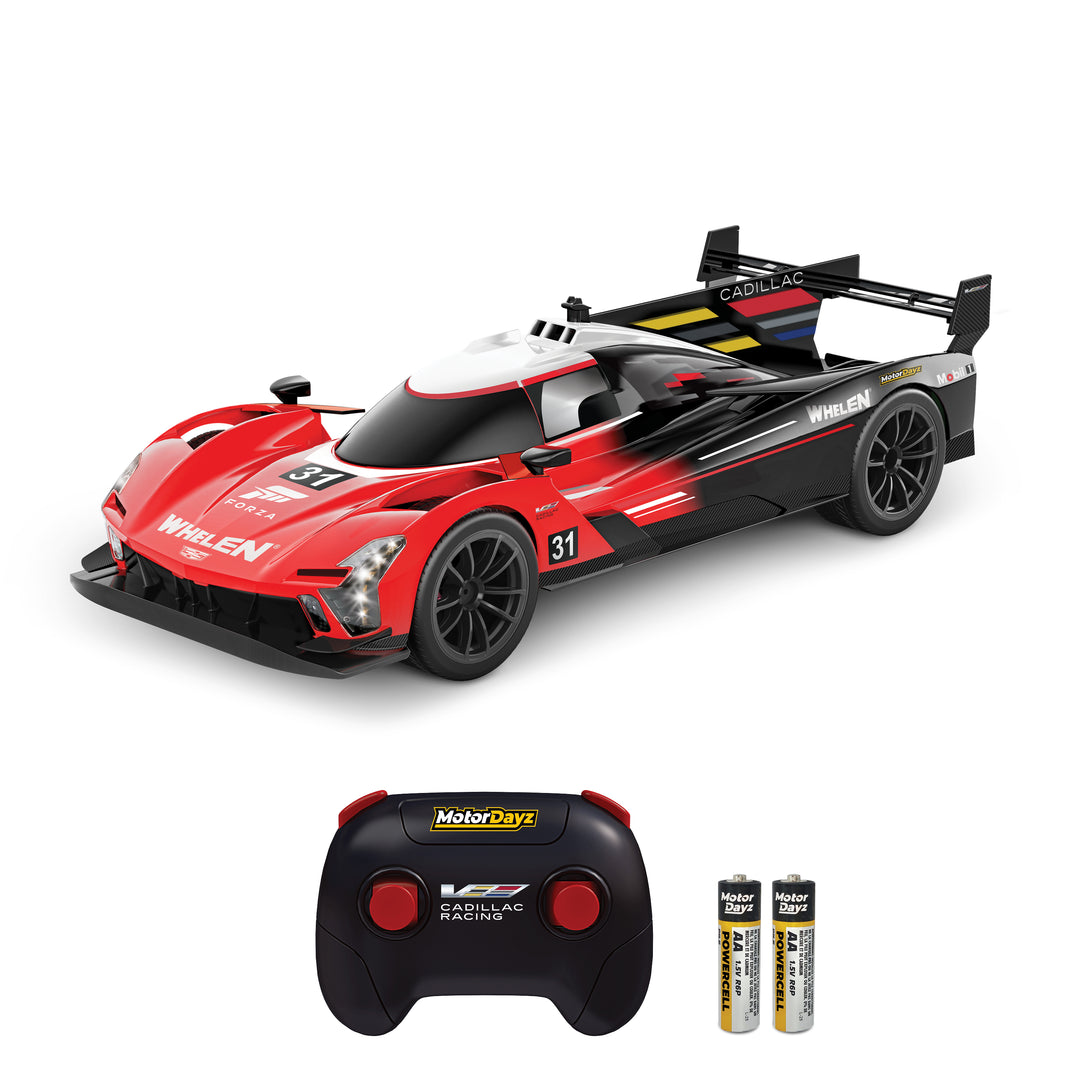 Red and black toy race car with remote control and batteries on a white background