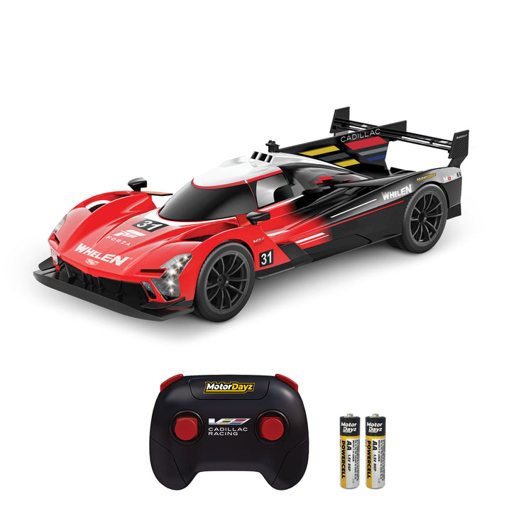 Red and black toy race car with remote control and batteries on a white background