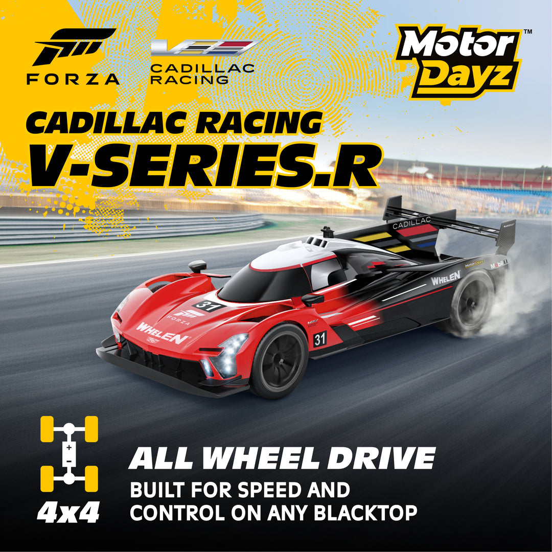 Red and black racing car on a track with 'Forza' and 'Cadillac Racing' logos.