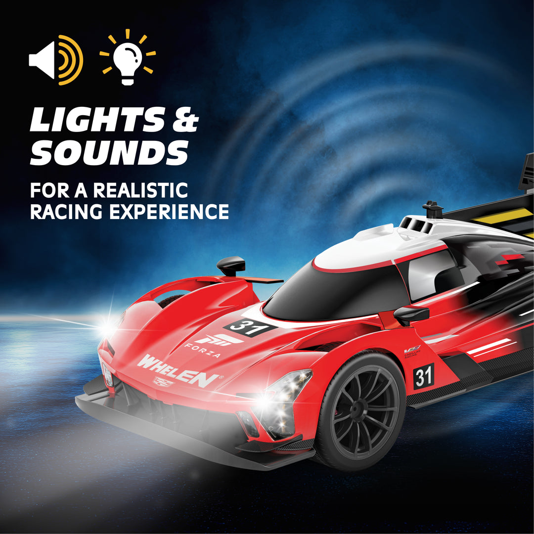 Red toy racing car with lights and sounds feature on a dark blue background