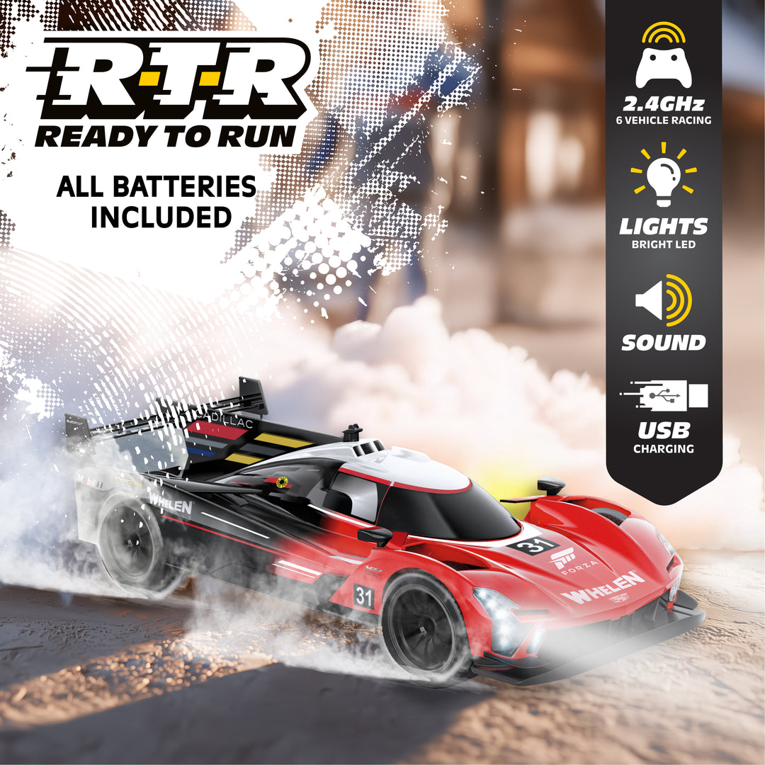 Red and black toy race car with 'BRTR' branding and features listed on a blurred background.