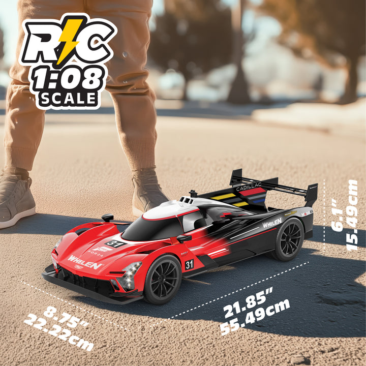 Red and black RC car with scale measurements on a road