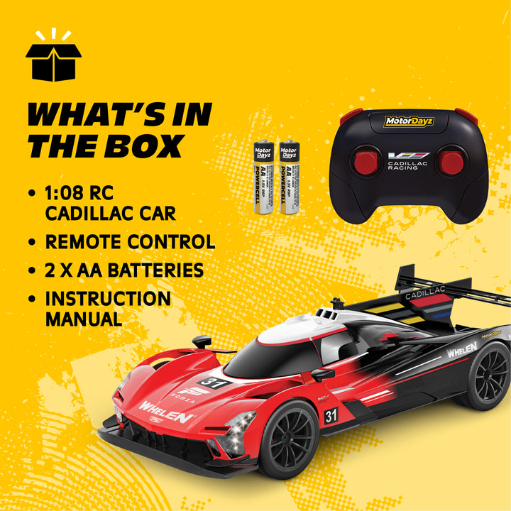 Toy RC Cadillac car with remote control, batteries, and instruction manual on a yellow background