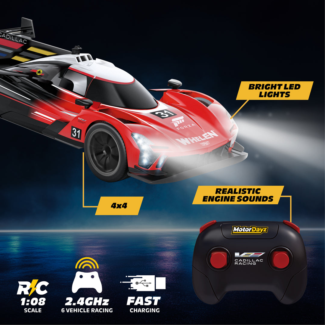 Red toy race car with remote control on a dark background