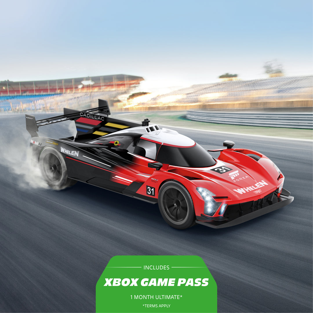 Red and black race car on a track with Xbox Game Pass promotion at the bottom.