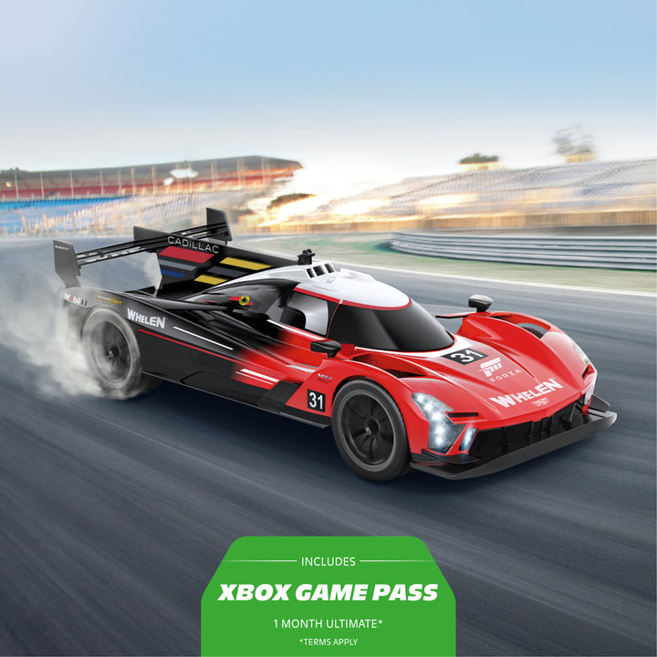 Red and black race car on a track with Xbox Game Pass promotion at the bottom.