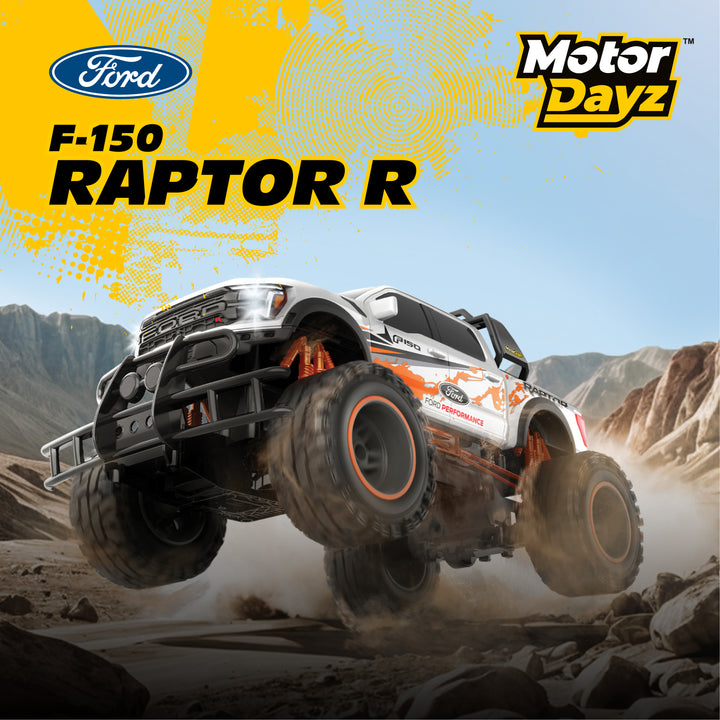 Ford F-150 Raptor R toy truck in mid-air with desert landscape and 'Motor Dayz' branding.