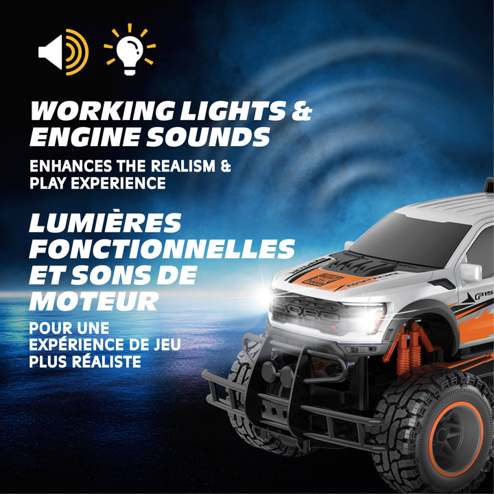 Model truck with working lights and engine sounds feature on a dark blue background