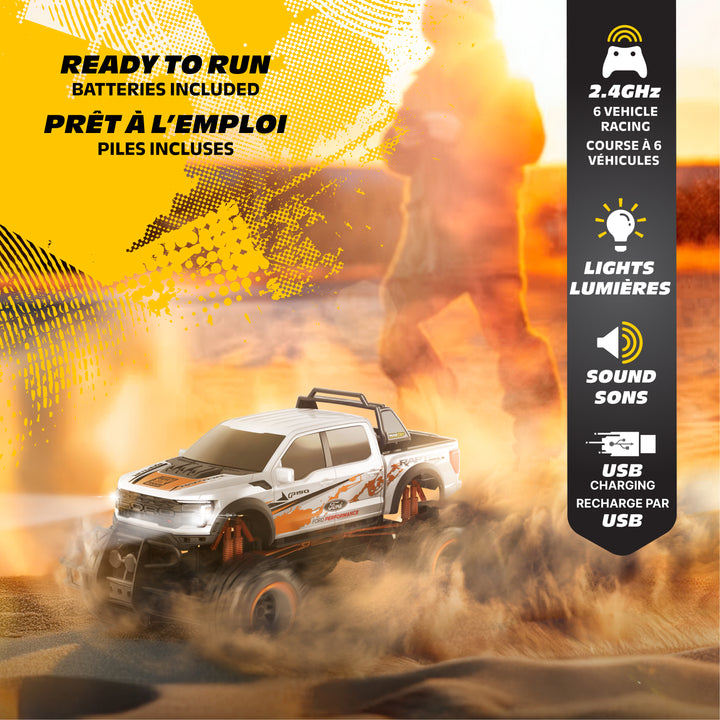 Toy truck with racing elements on a dynamic background