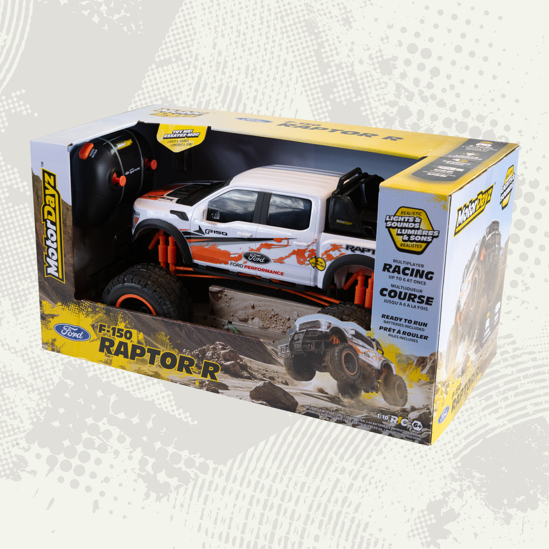 Boxed toy truck with Ford Raptor branding on a white background