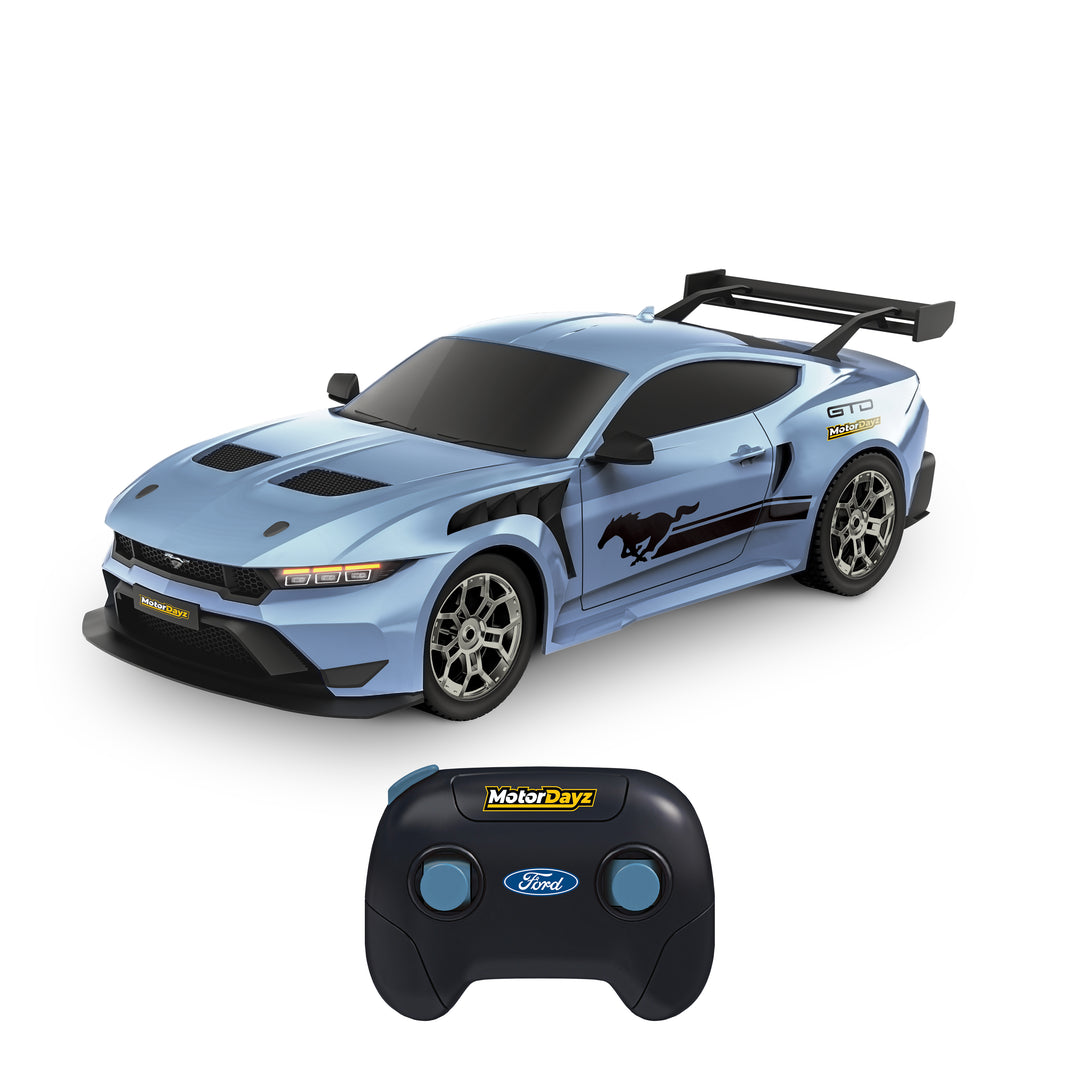 Blue toy car with black roof and remote control on a white background