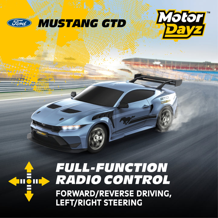 Ford Mustang GTD toy car on a racetrack with 'Motor Dayz' branding and product features.