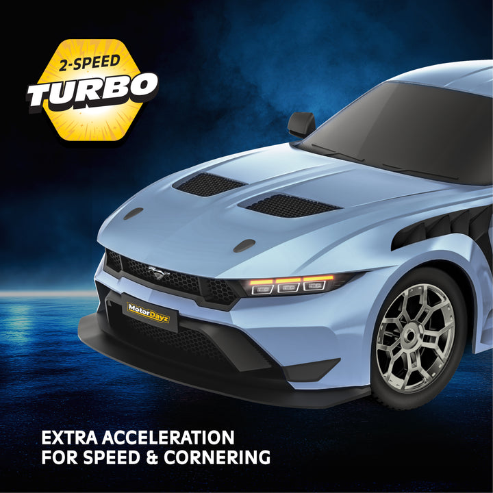 Blue sports car with '2-Speed Turbo' logo on a dark background