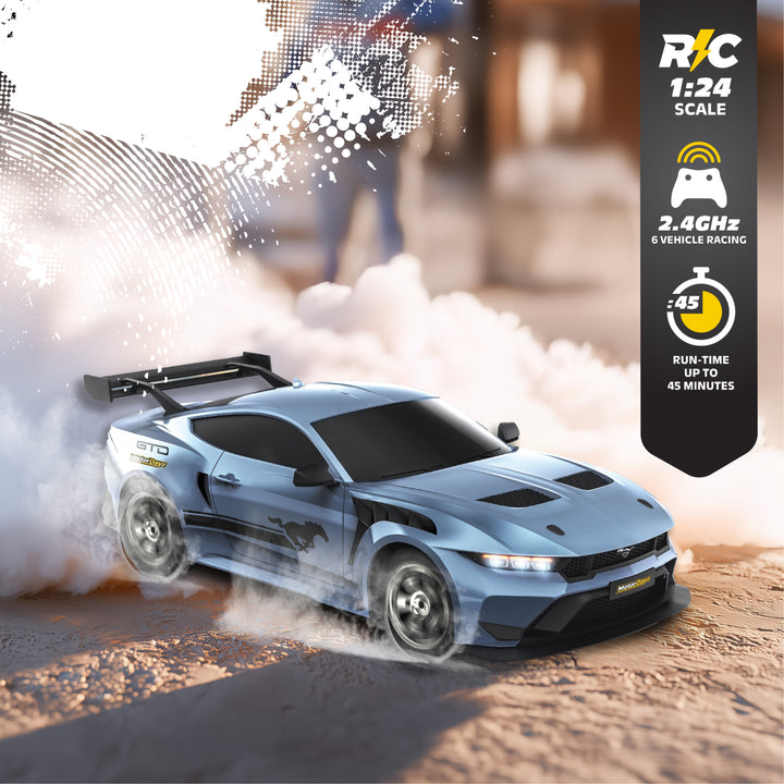 Blue toy car with smoke effect on a blurred background, featuring R/C branding.