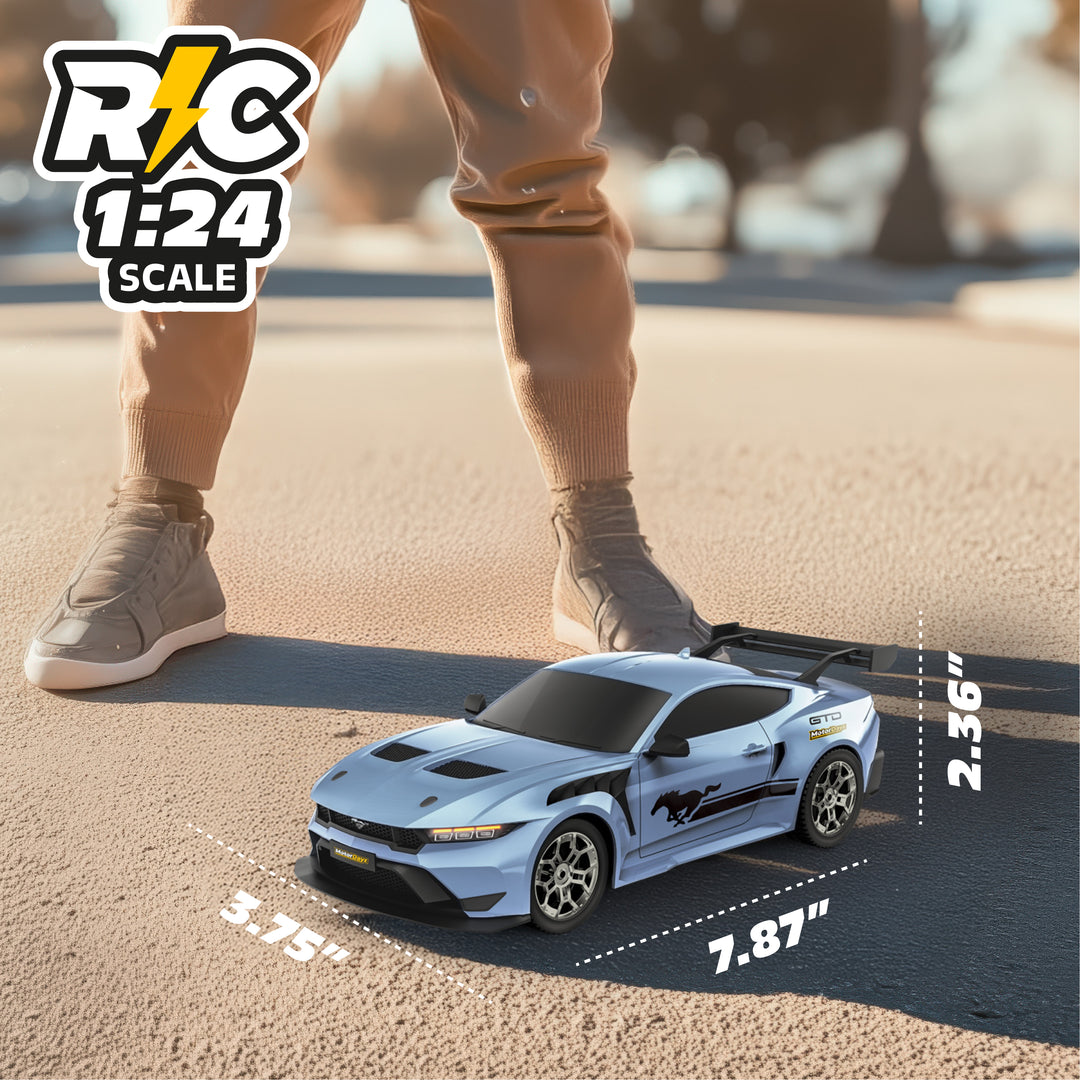 Model car on a surface with dimensions indicated, labeled 'RC 1:24 Scale'.