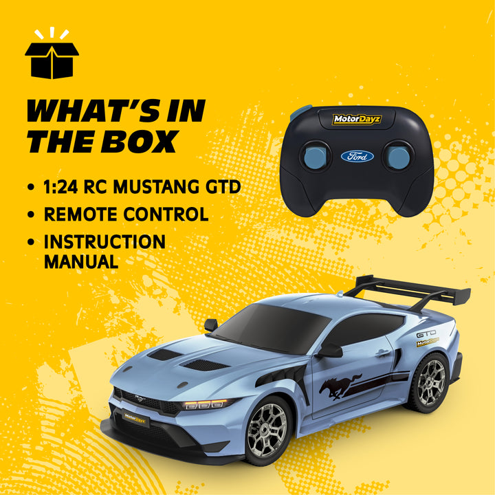 Toy car and remote control with product details on a yellow background