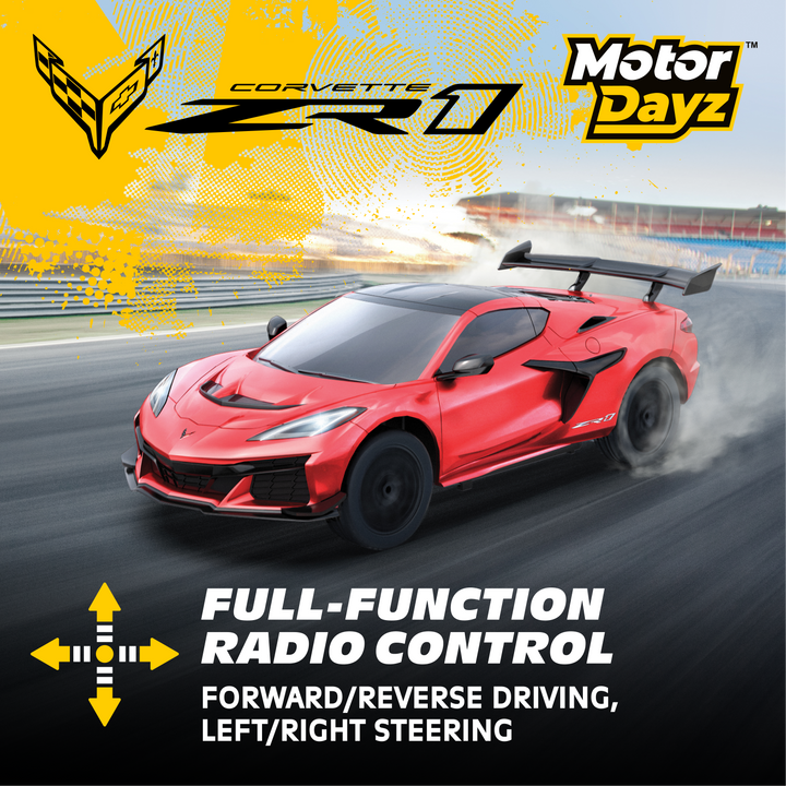 Red sports car on a racetrack with 'Motor Dayz' branding and product features.