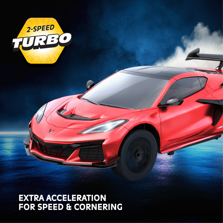 Red sports car with '2-Speed Turbo' feature on a dark background