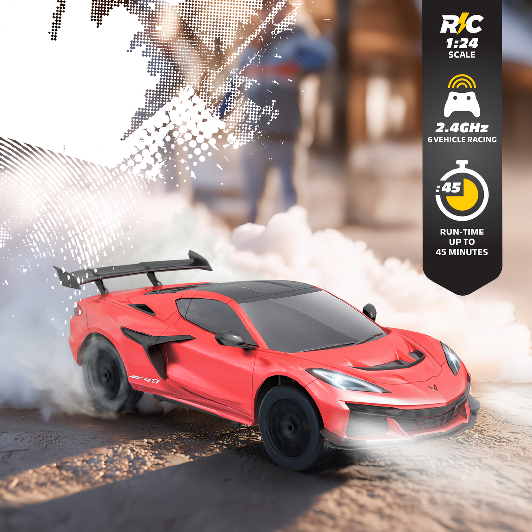 Red toy car with smoke effect on a blurred background, featuring RC car specifications.