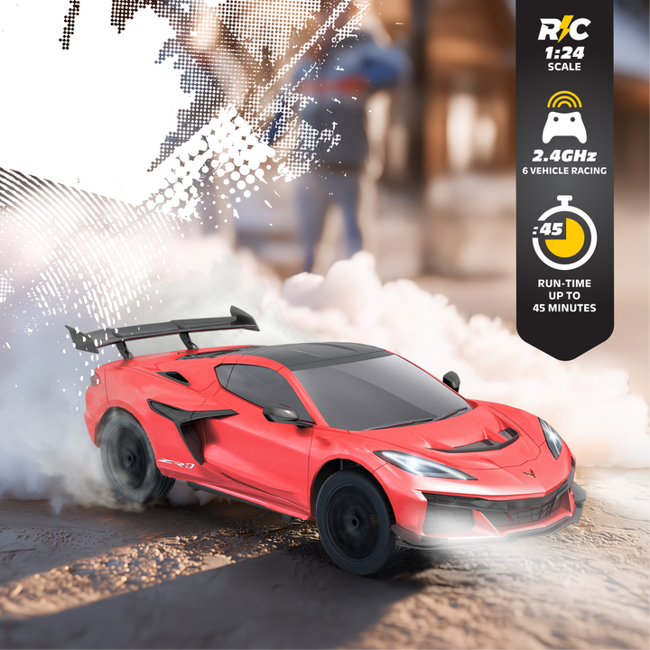 Red toy car with smoke effect on a blurred background, featuring RC car specifications.