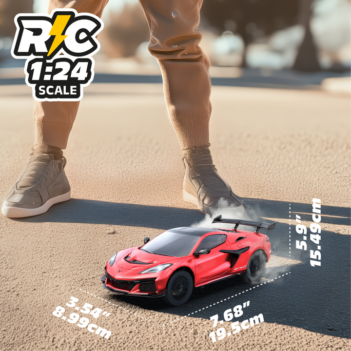 Red RC car on a road with measurements and 'RC 1:24 Scale' text.